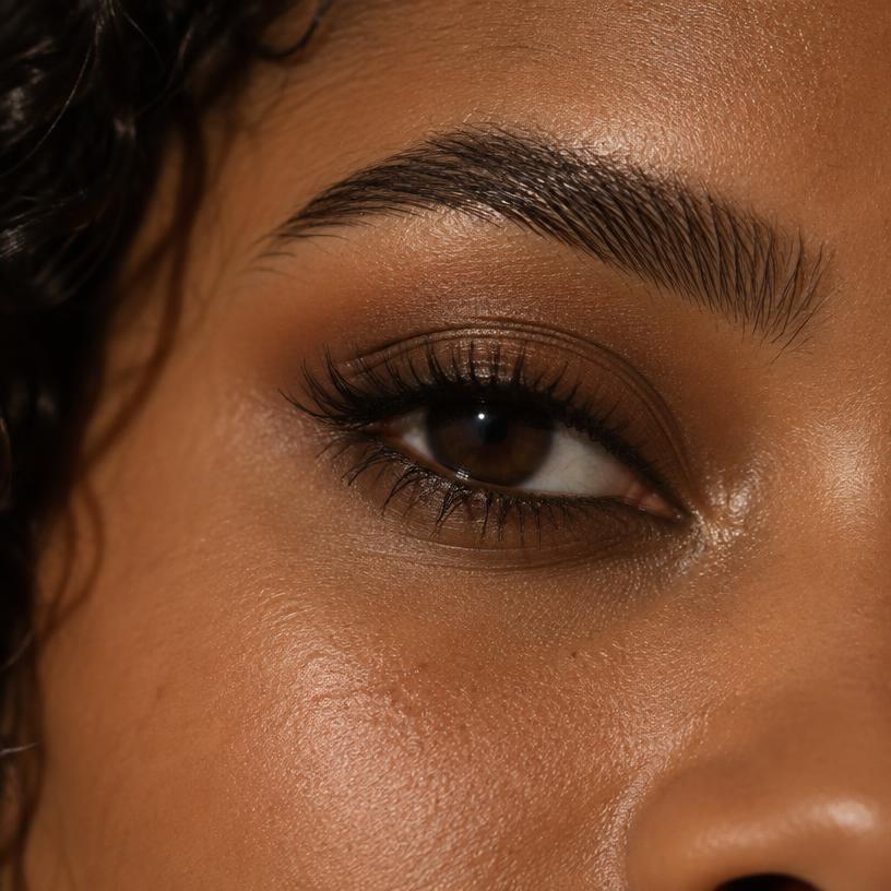 Detalhe editorial de sobrancelha e maquiagem dos olhos